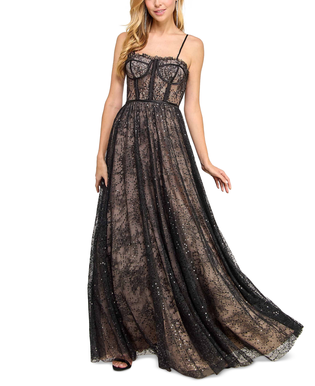 Juniors' Sequin-Lace Bustier Sweetheart-Neck Gown, Created for Macy's - Black/Rose