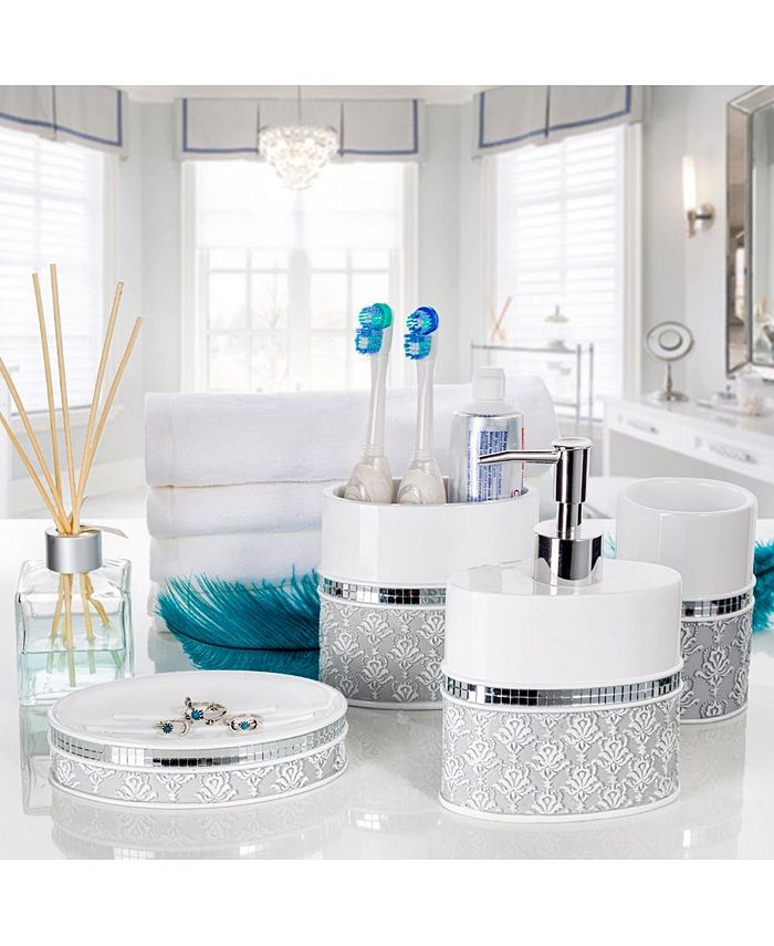 Creative Scents Damask Gray and White Toothbrush and Toothpaste Holder