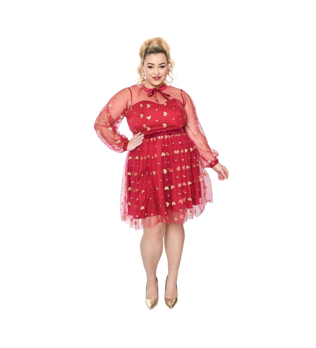 Plus Size Printed Balloon Sleeve Flare Dress - Red/gold glitter hearts