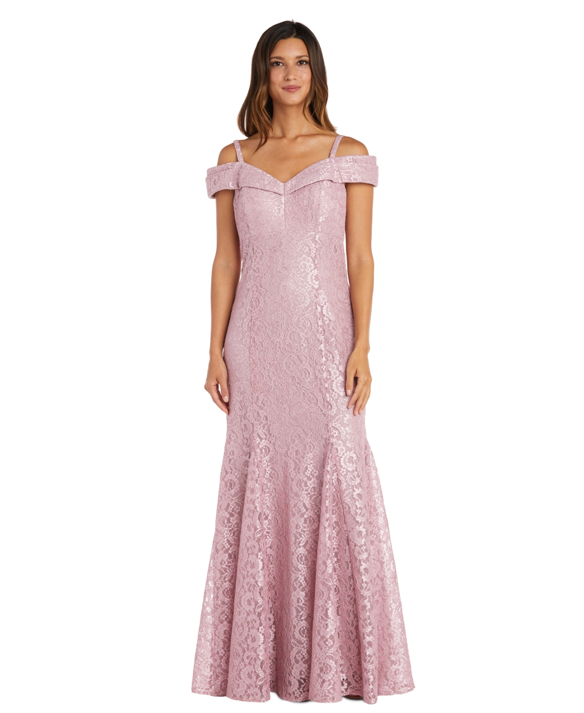 Shop R & M Richards Off-the-shoulder Petite Lace Gown In Rose