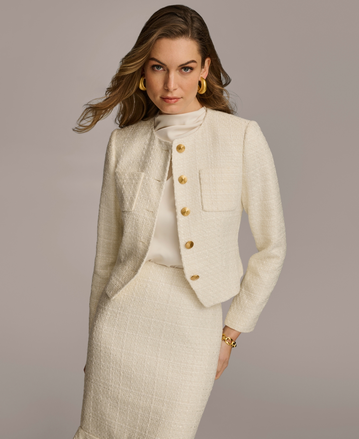 Women's Collarless Tweed Jacket - Cream