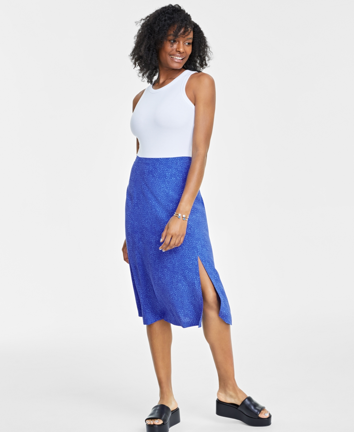 On 34th Women's Printed Midi Slip Skirt, Created For Macy's In Cobalt Glaze