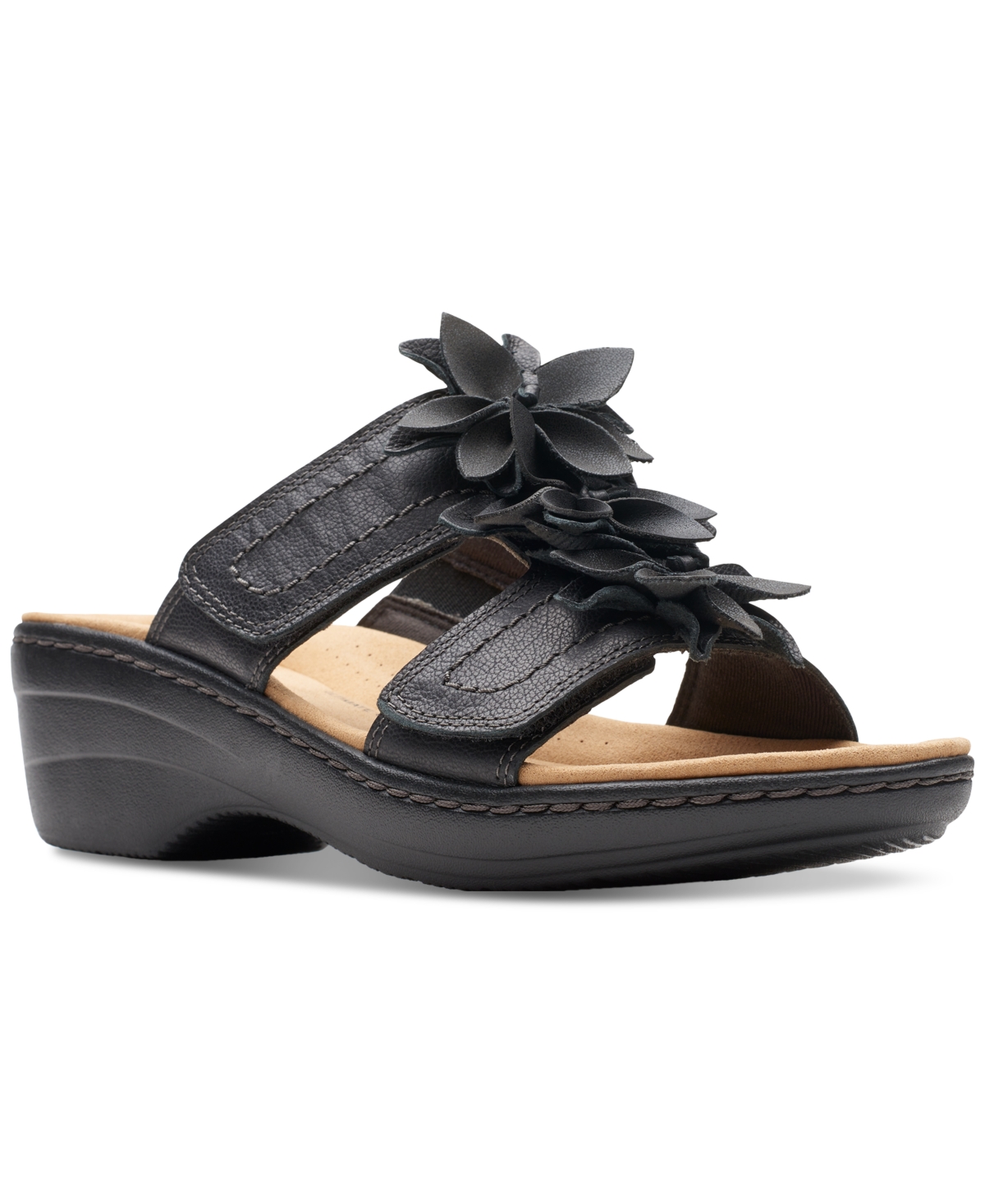Shop Clarks Merliah Raelyn Flower-detail Wedge Heel Platform Sandals In Black Leather