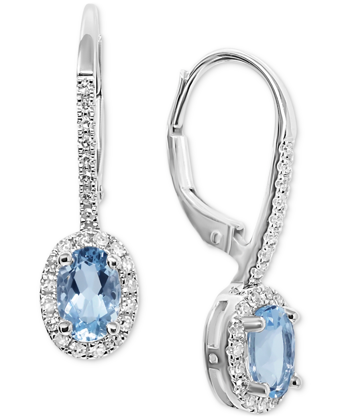 Shop Macy's Aquamarine (3/4 Ct. T.w.) & Diamond (1/5 Ct. T.w.) Oval Halo Leverback Drop Earrings In 14k White Go