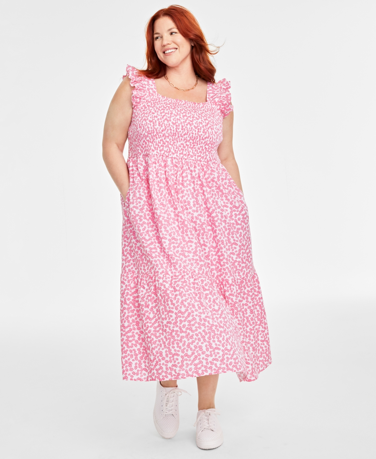 On 34th Trendy Plus Size Cotton Ditsy-print Smocked Midi Dress, Created For Macy's In Azalea Pink Combo