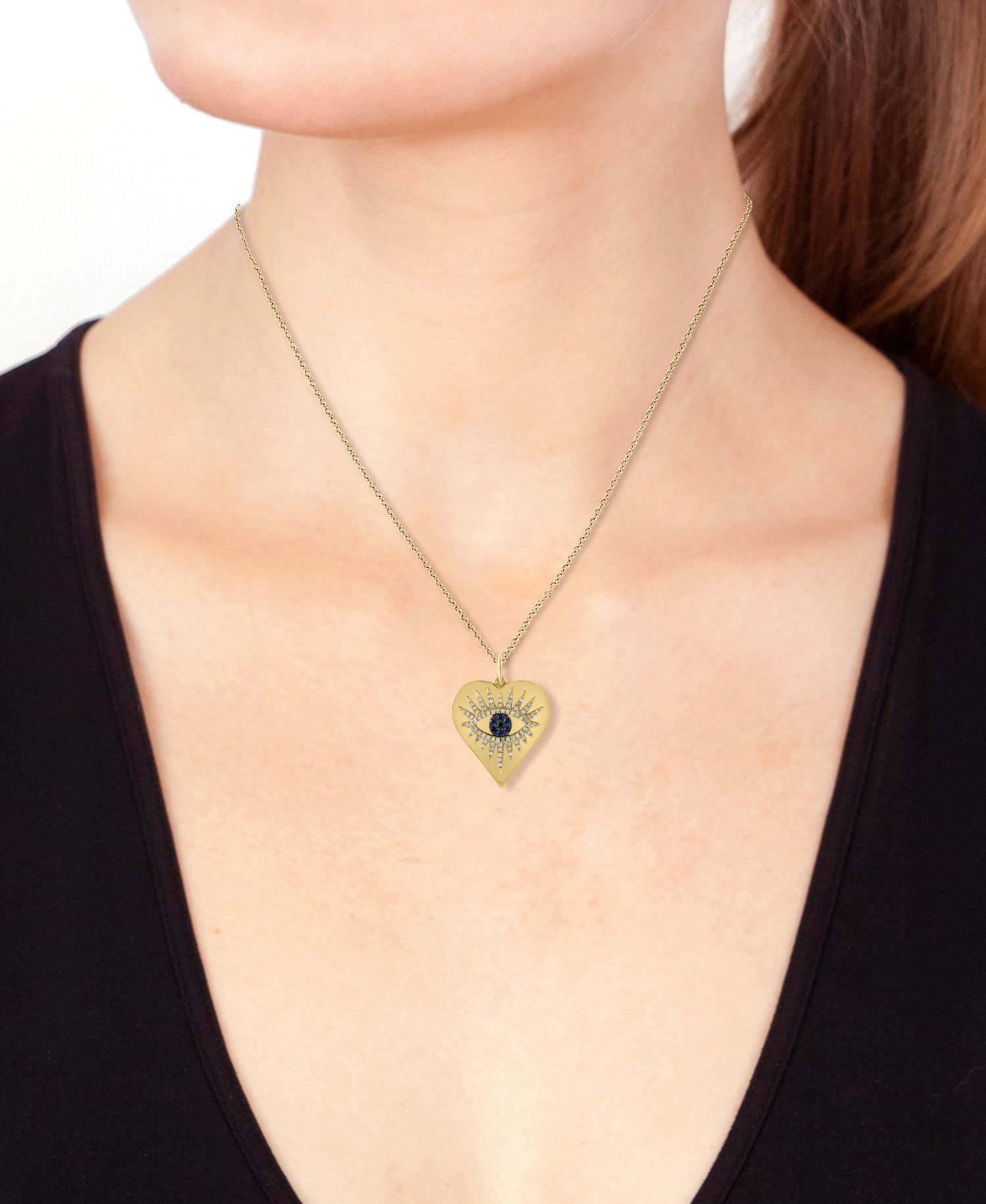 EFFY® Sapphire (1/20 ct. t.w.) & Diamond (1/4 ct. t.w.) Evil Eye Heart 18" Pendant Necklace in 14k Gold