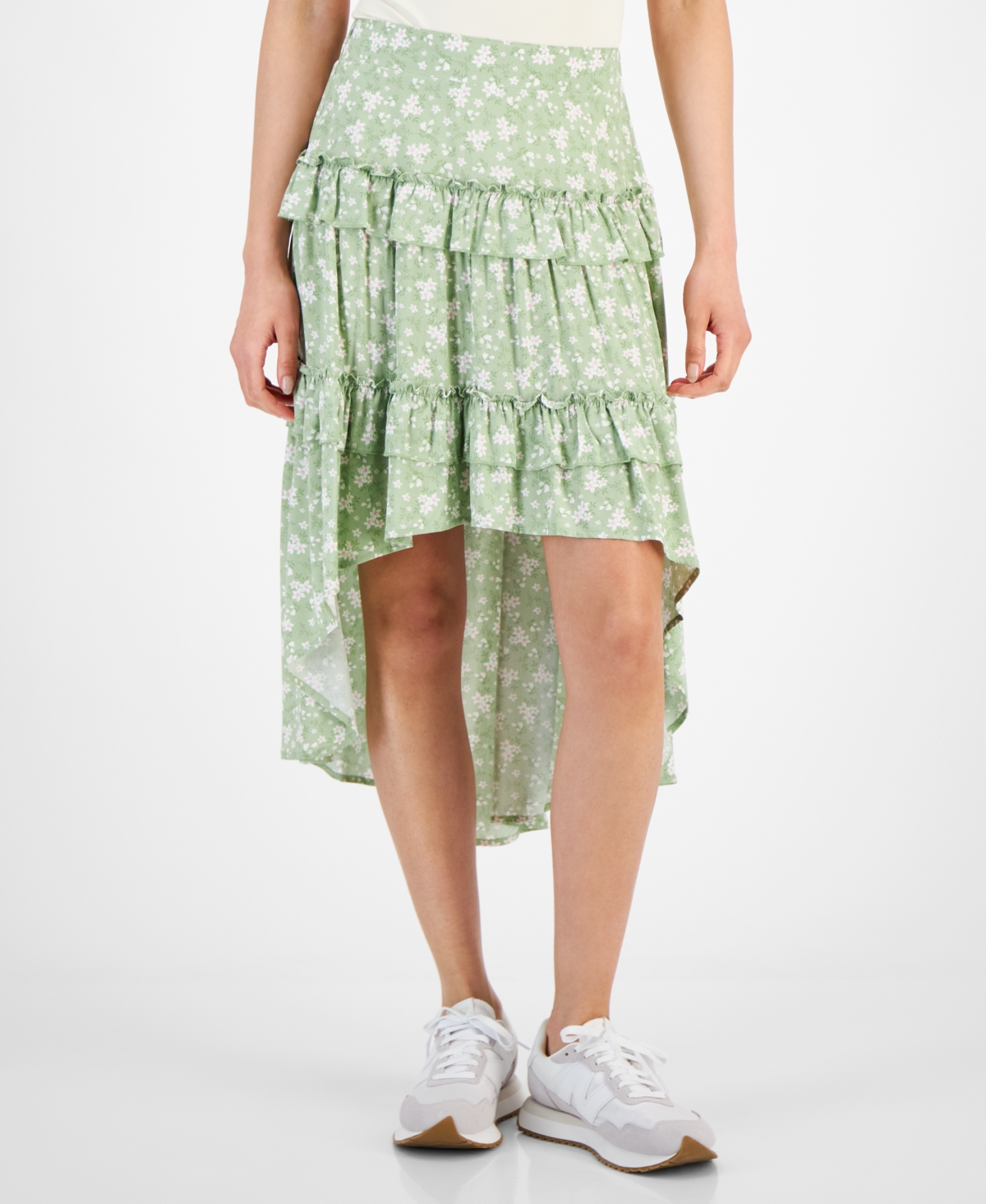 Juniors' Tiered High-Low Ruffle Skirt - Green Floral