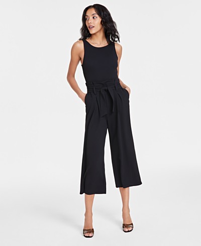 NY Collection Petite 3/4 Sleeve Belted Wide Leg Jumpsuit - Macy's