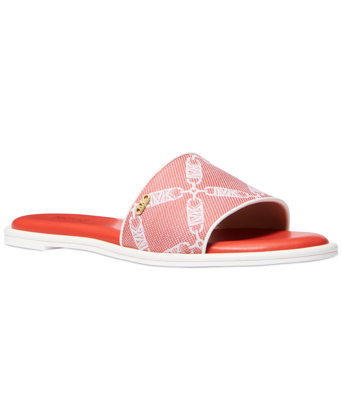 Shop Michael Kors Michael  Saylor Logo Embroidered Slide Sandals In Optic White,spiced Coral