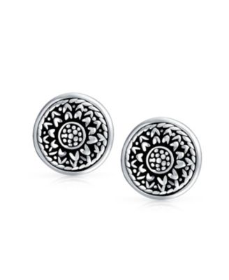 Bali Style Lightweight Medallion Round Disc Flower Sunflower Clip On Earrings Non Pierced Oxidized Sterling Silver