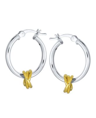 Twisted Side Charm Round Tube Thin Two Tone Love Knot Hoop Earrings Gold Plated Sterling Silver 1 Inch Diameter
