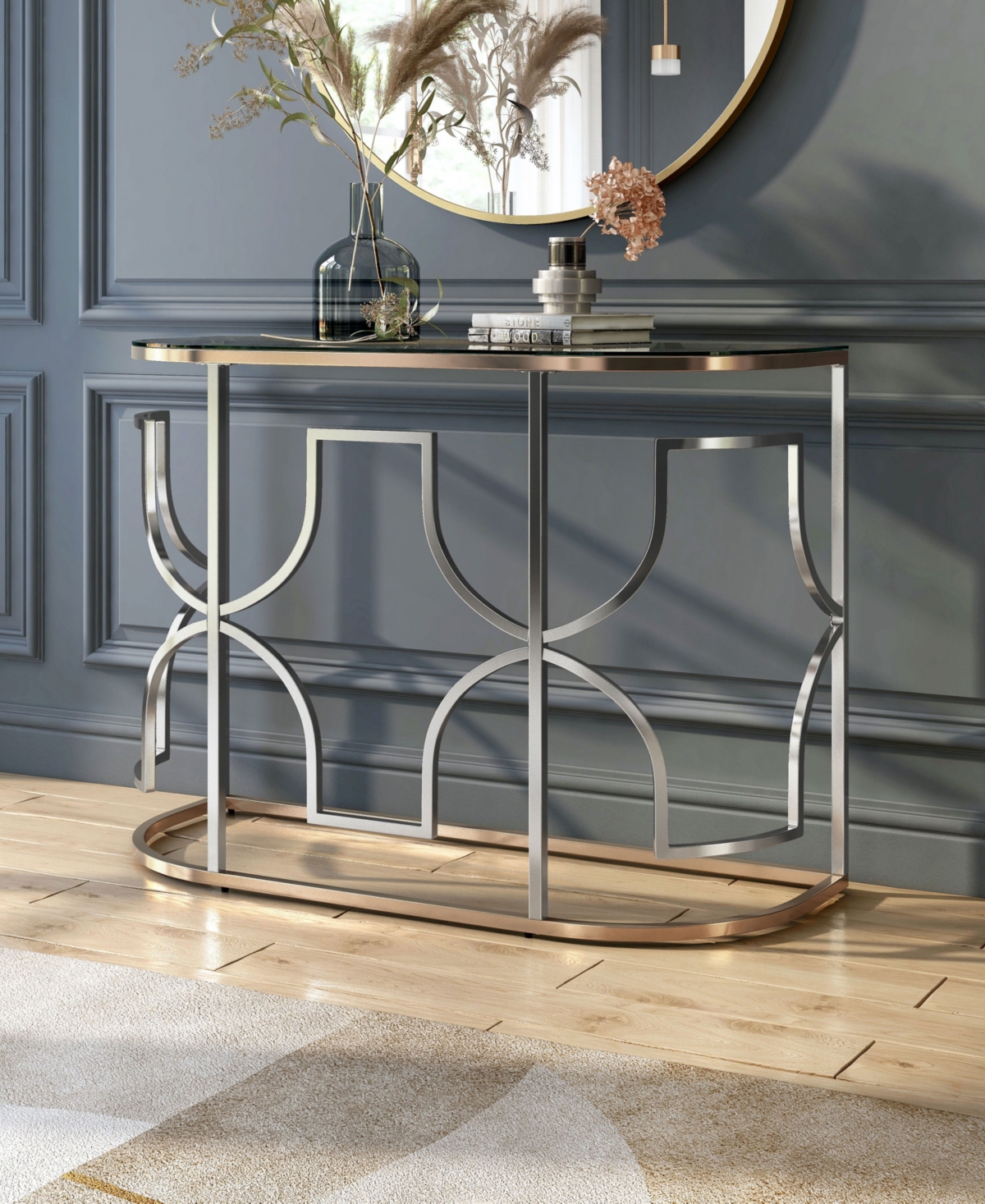 Furniture Of America 42" Metal, Glass Camille Modern Semi-circle Glass Top Sofa Table In Chrome And Gold
