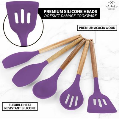 5 Piece Silicone Utensils Set with Authentic Acacia Wood Handles