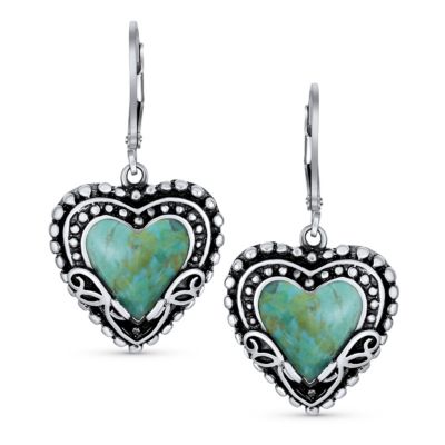 Boho Bali Style Scroll Filigree Blue Natural Turquoise Heart Shaped Dangling Earrings Oxidized Sterling Silver Lever back