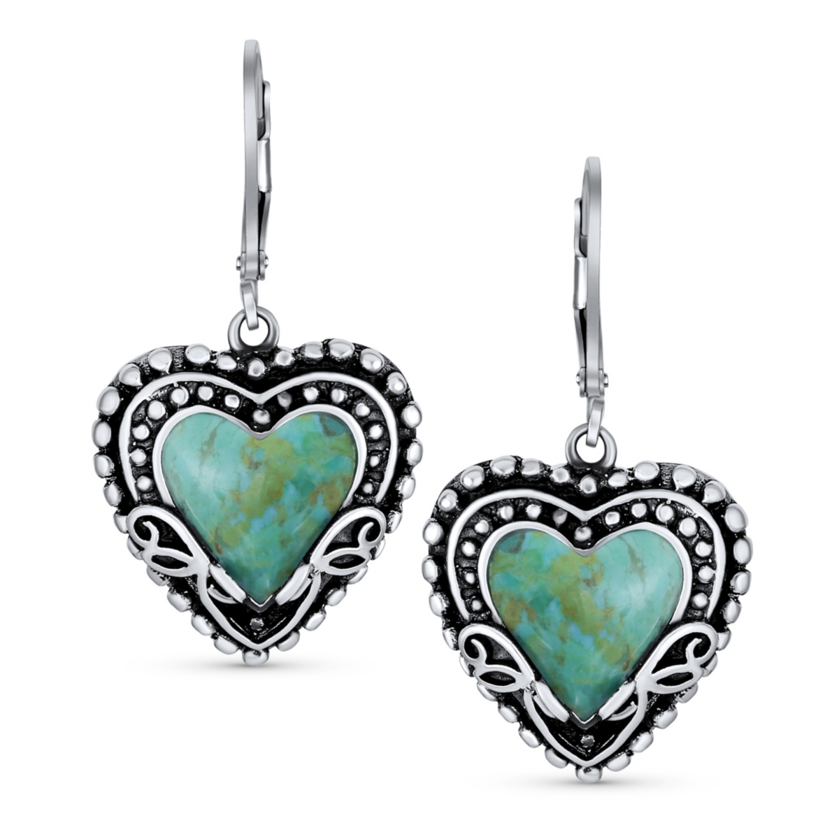 Bling Jewelry Boho Bali Style Scroll Filigree Blue Natural Turquoise Heart Shaped Dangling Earrings For Women Oxidized Sterling Silver Lever back - Bl