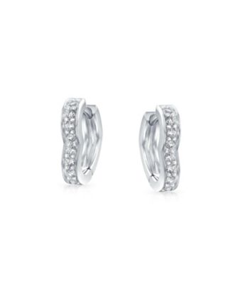 Cubic Zirconia Pave CZ Open Heart Shaped Hoop Huggie Earrings Sterling Silver Hinge Closure