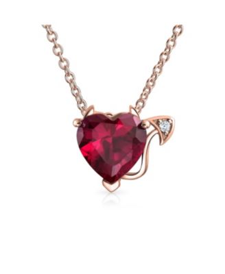 Red CZ Devil Heart Pendant Necklace and Stud Earring Set Rose Gold Plated Silver