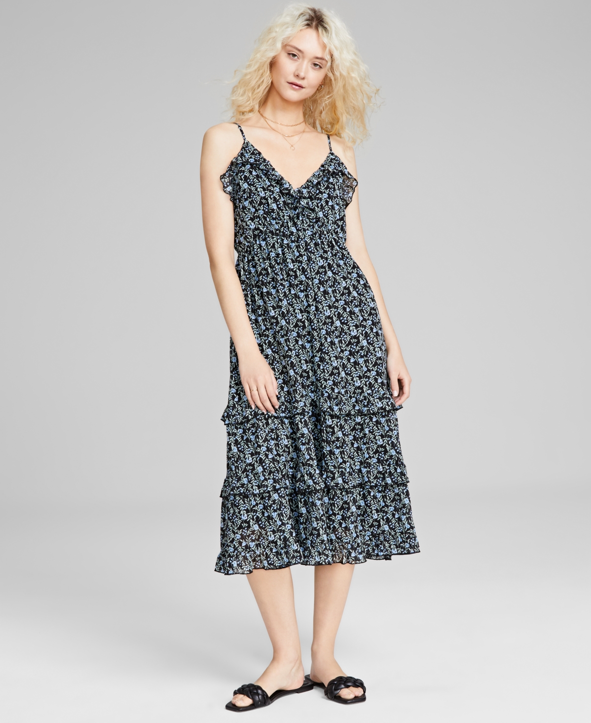 Shop And Now This Women's Tiered-ruffle Sleeveless Midi Dress, Created For Macy's In Black Floral