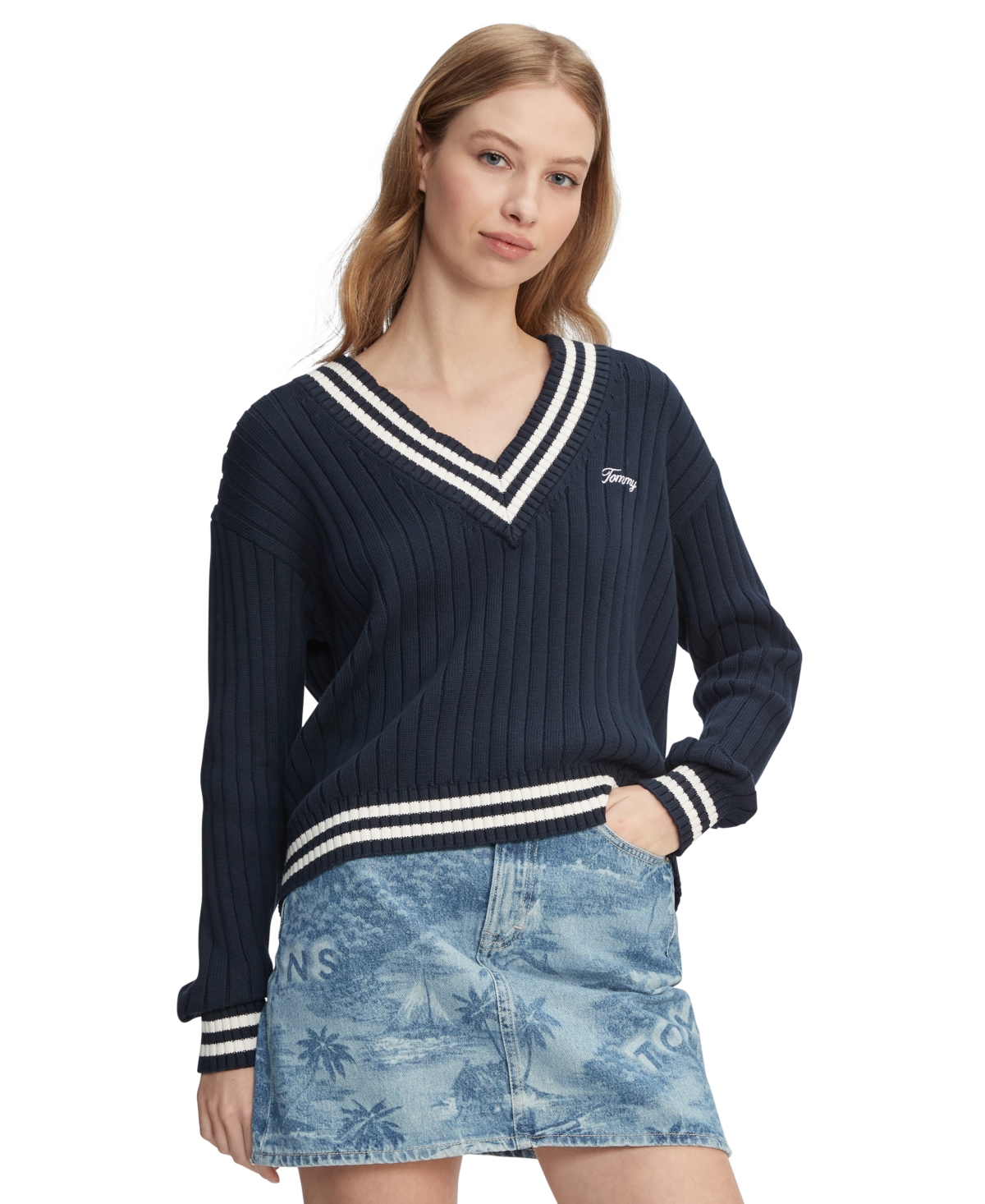 Tommy Jeans Women's Script Logo V-neck Ribbed Cotton Sweater In Dark Night Navy