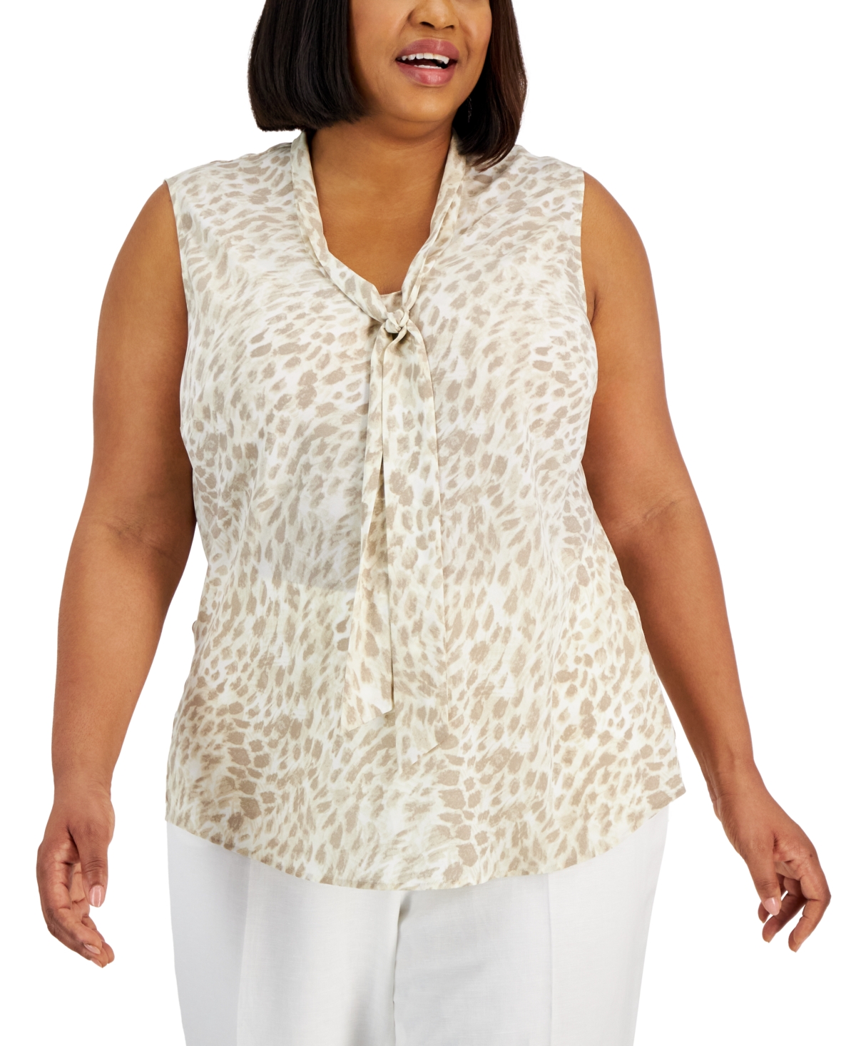 Shop Kasper Plus Size Printed Tie-neck Sleeveless Blouse In Lily White