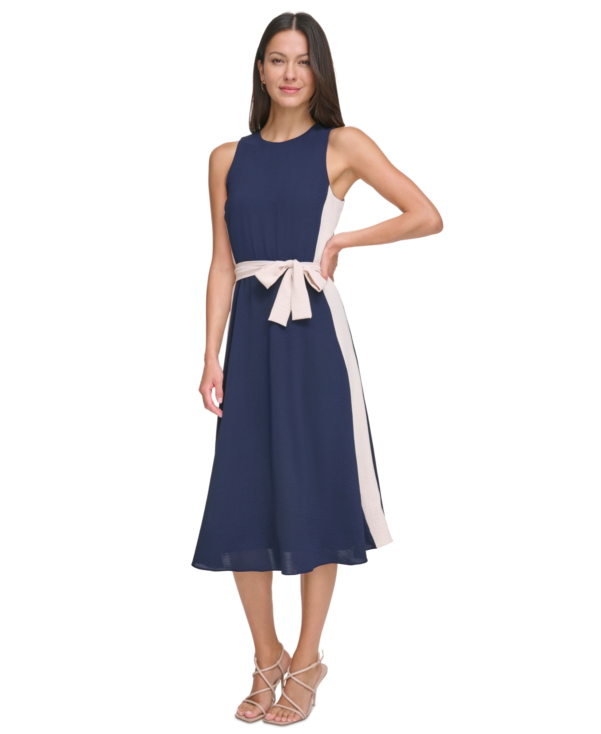 Women's Sleeveless Tie-Waist A-Line Dress - Navy/White