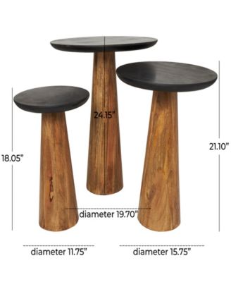 Set of 3 Mango Wood Handmade Cone Shaped Black Tabletops Accent Table