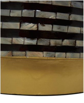 Mother of Pearl Drum Accent Table with Linear Mosaic Pattern and Gold Base