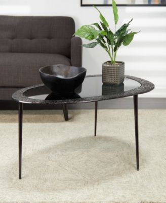 30" x 25" x 18" Aluminum Abstract Oval Shaped Shaded Glass Top and Detailed Engravings Coffee Table