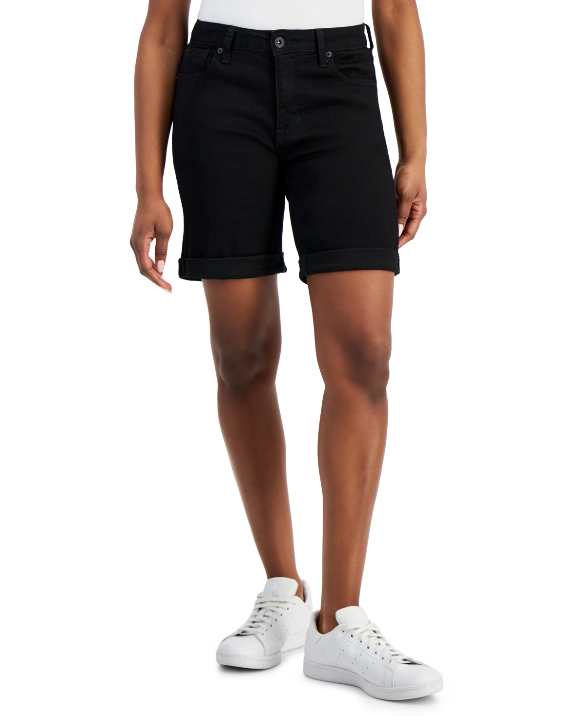 Shop Celebrity Pink Juniors' Cuffed Hem Bermuda Denim Shorts In Black