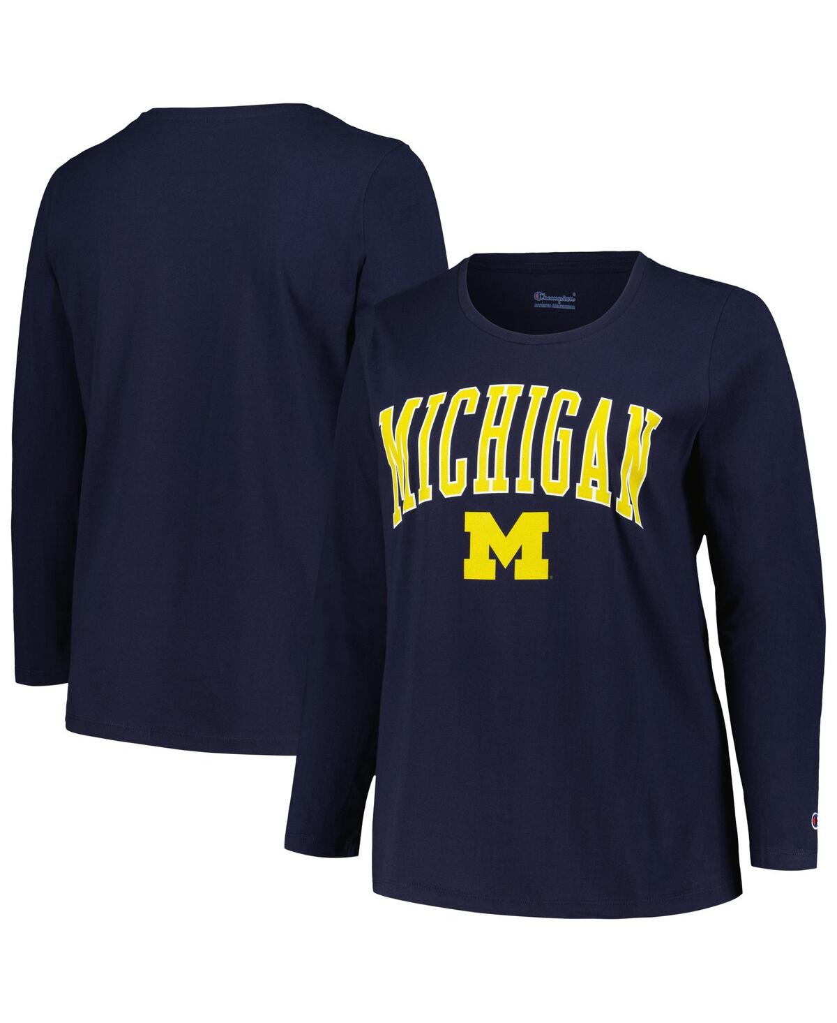 Profile Women's  Navy Michigan Wolverines Plus Size Arch Over Logo Scoop Neck Long Sleeve T-shirt