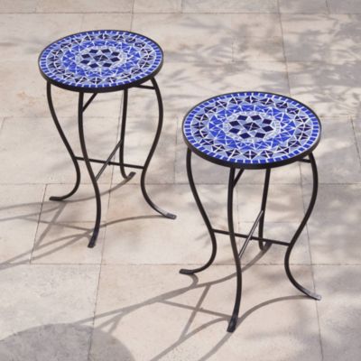 Modern Black Round Outdoor Accent Side Tables 14" Wide Set of 2 Light Blue Mosaic Tabletop Front Porch Patio Home House