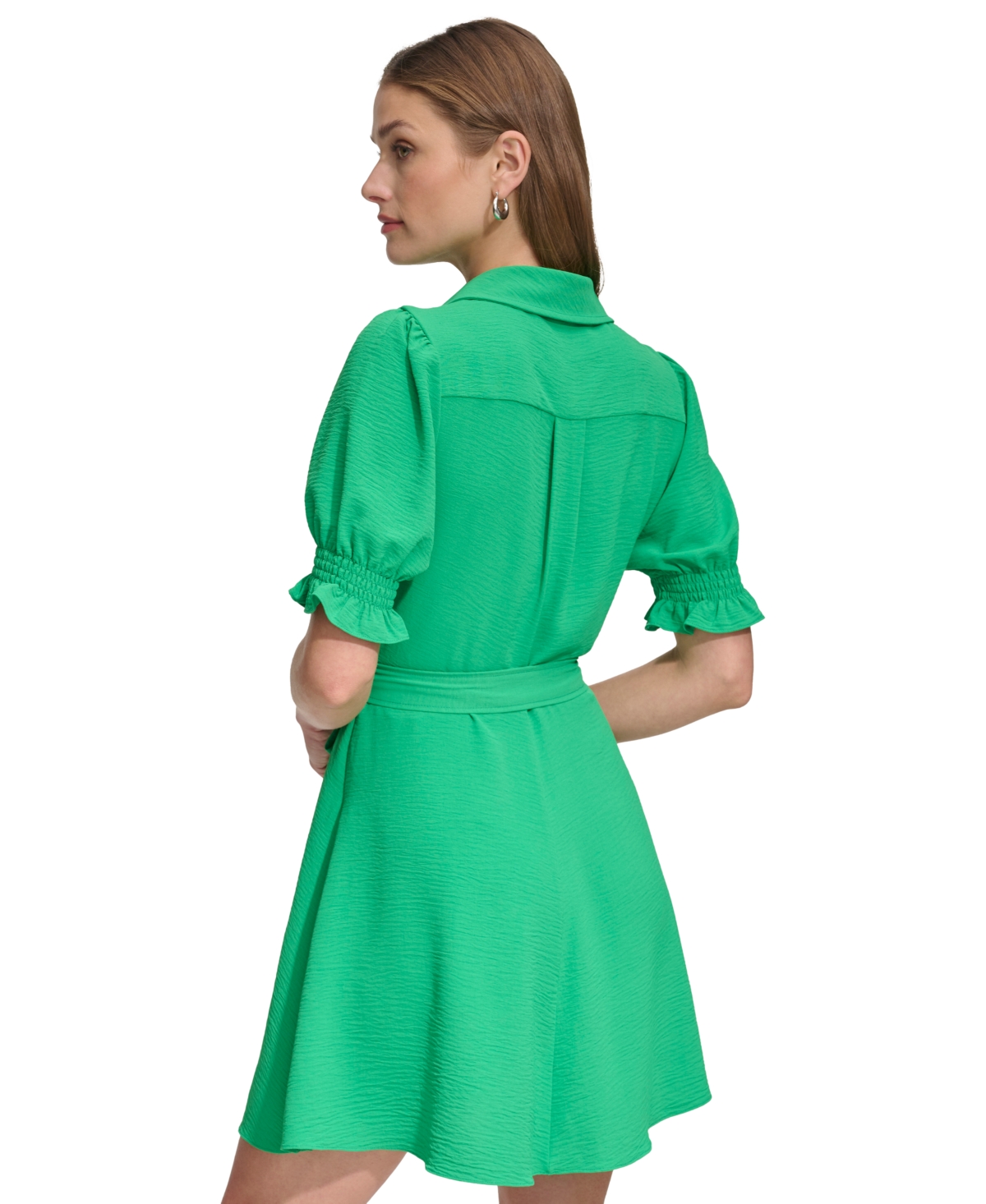 Shop Dkny Women's Collared Tie-waist Puff-sleeve Dress In Apple Green