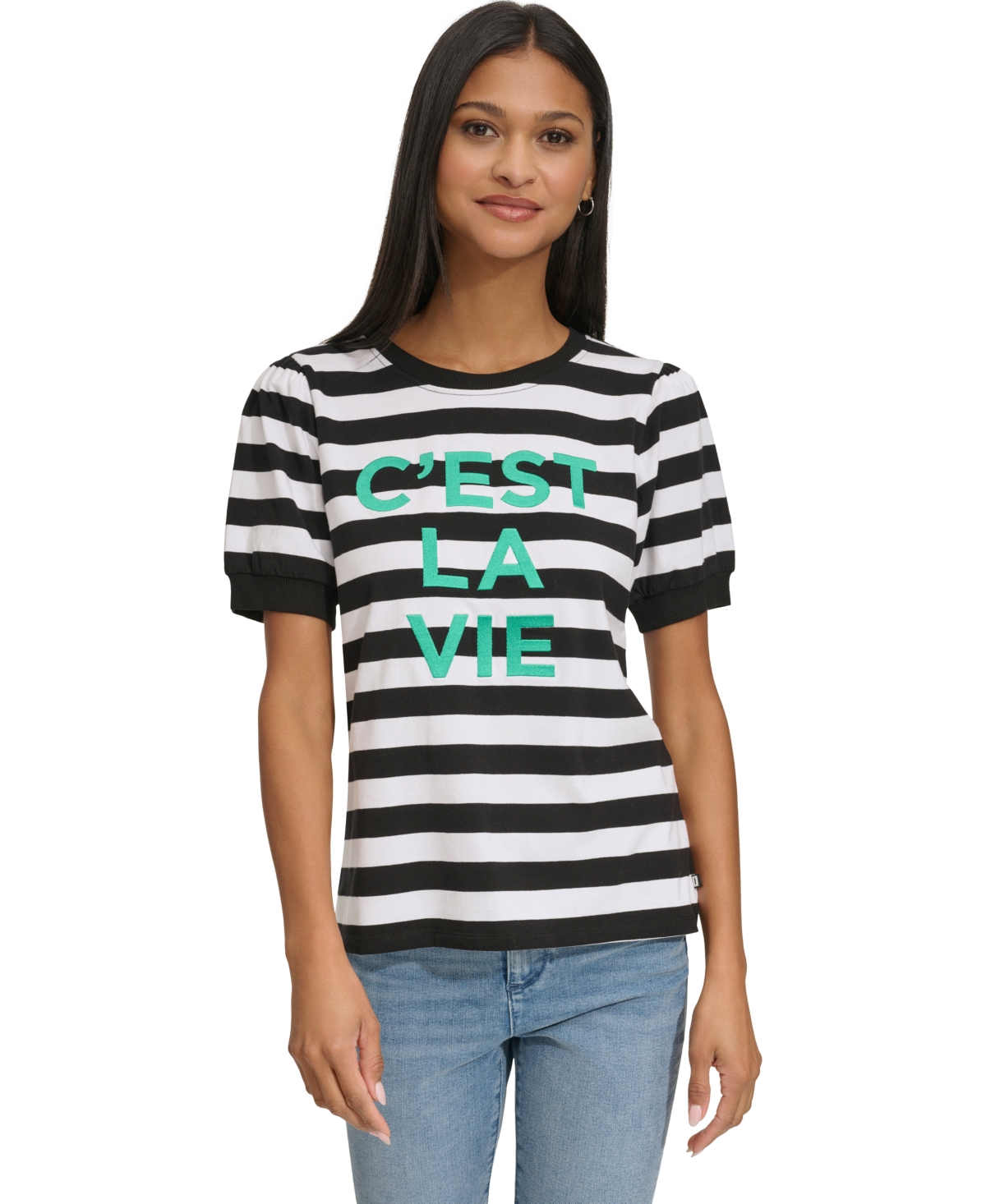 Shop Karl Lagerfeld Women's C'est La Vie Striped Graphic Top In Black,soft White,kelly