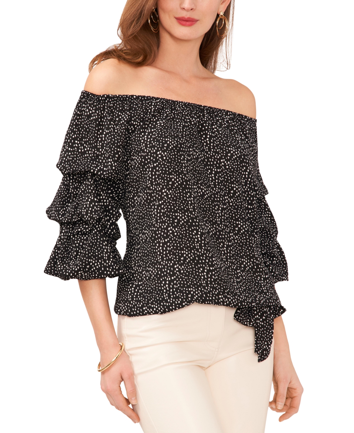 Vince Camuto Women's Printed Off The Shoulder Bubble Sleeve Tie Front Blouse In Rich Black