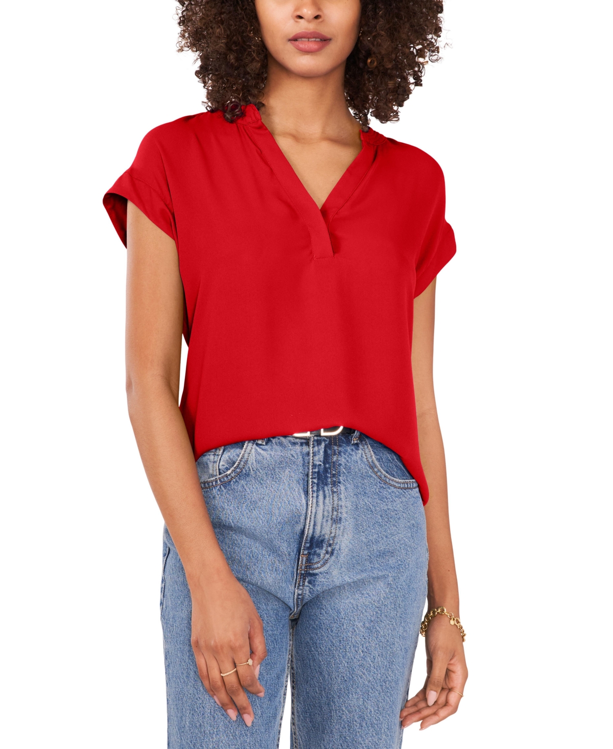 Women's Solid Split Neck Short Sleeve Blouse - Tulip Red