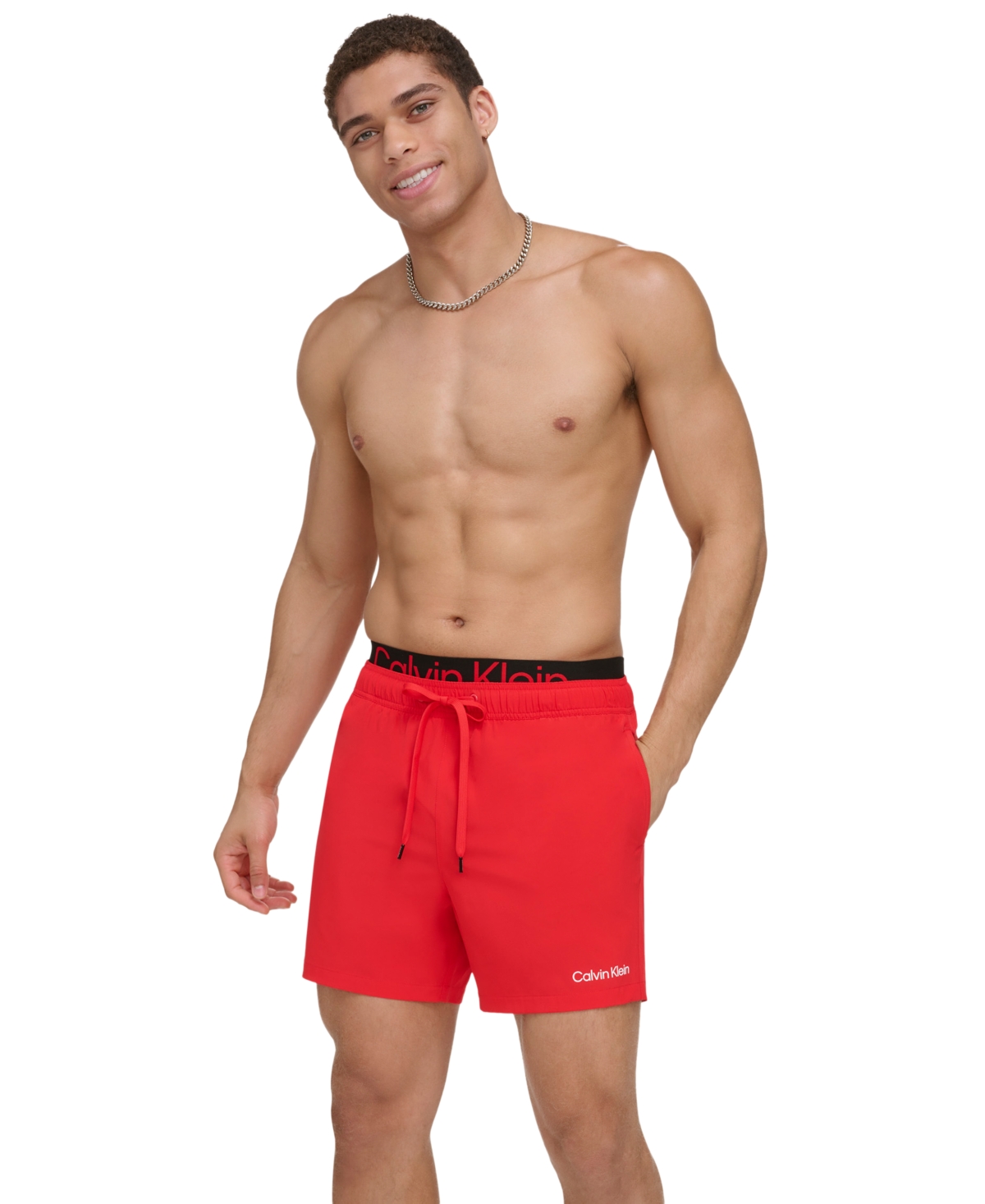 Calvin Klein Men's Logo Elastic Waist Modern Euro 5" Volley Swim Trunks In Red
