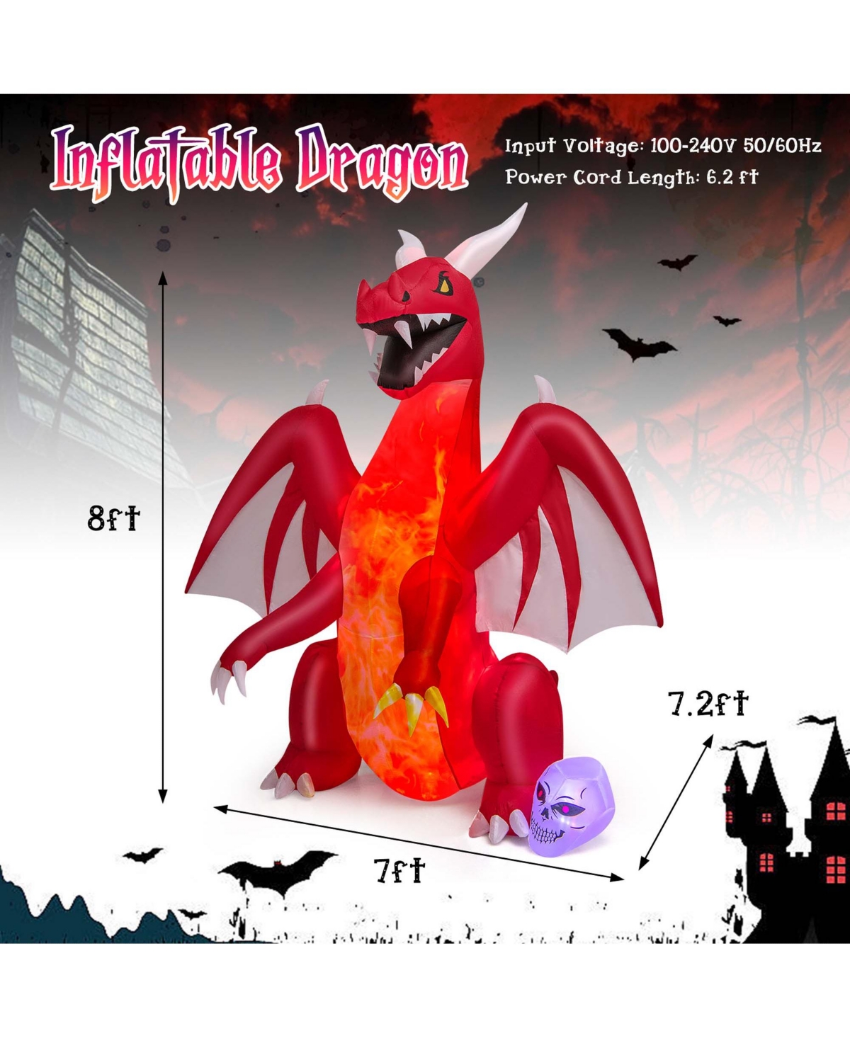 8 Ft Halloween Inflatable Red Dragon with Wings & Skull Holiday Decoration Light