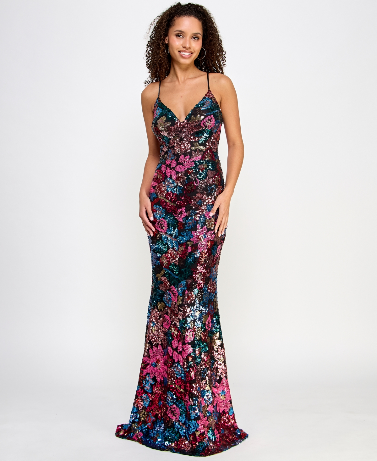 Juniors' V-Neck Floral-Sequin Lace-Up-Back Gown - Black Multi