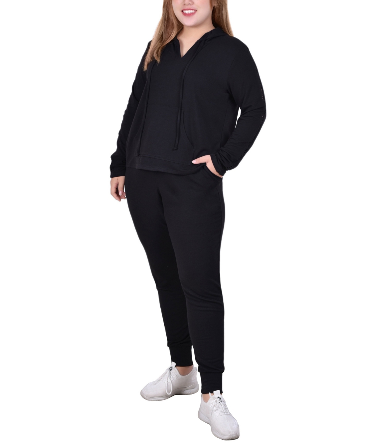 Ny Collection Plus Size Long Sleeve Jogger, 2 Piece Set In Black