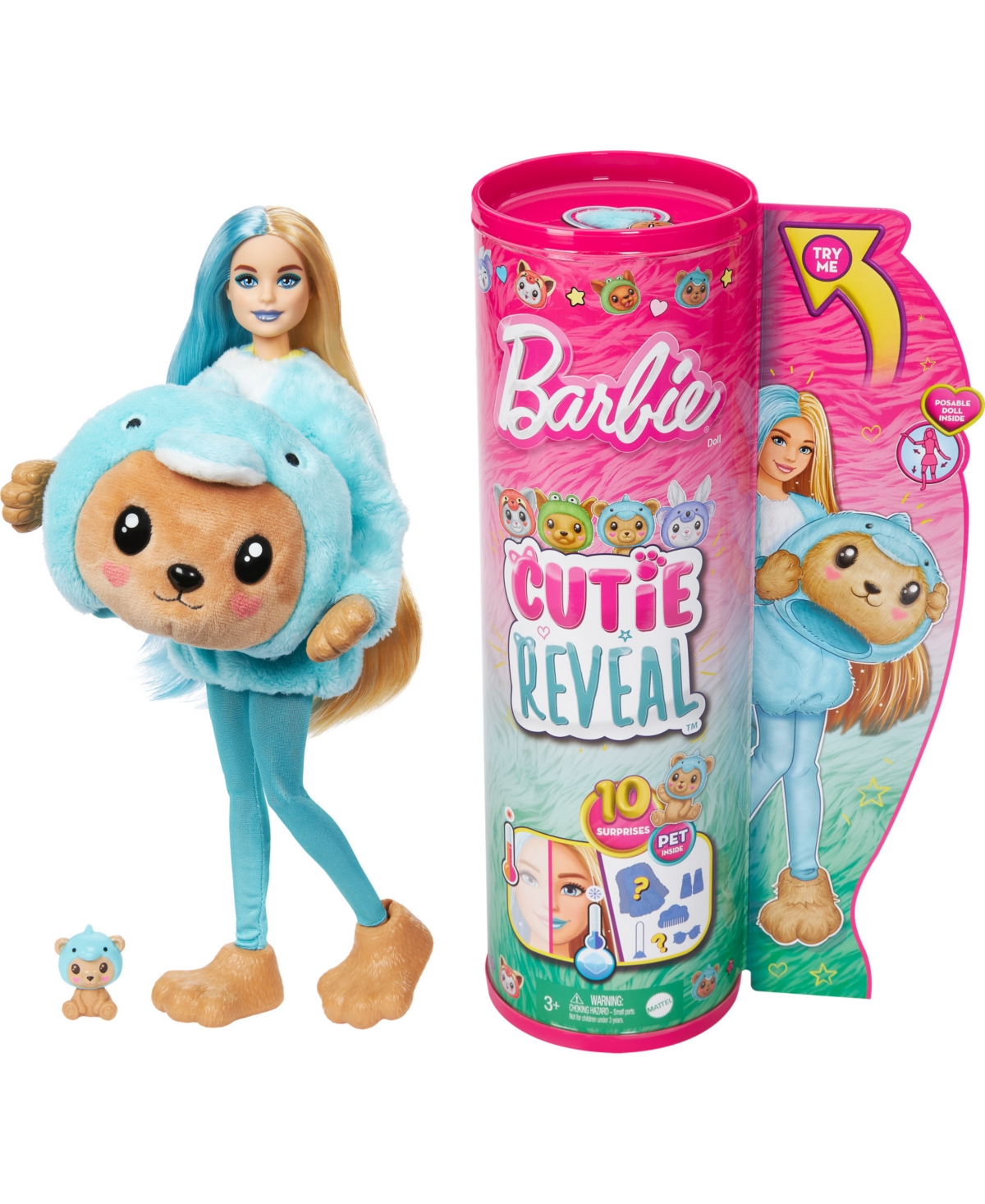 Barbie Kids' Cutie Reveal Costume-themed Series Doll And Accessories With 10 Surprises, Teddy Bear As Dolphin In Multi