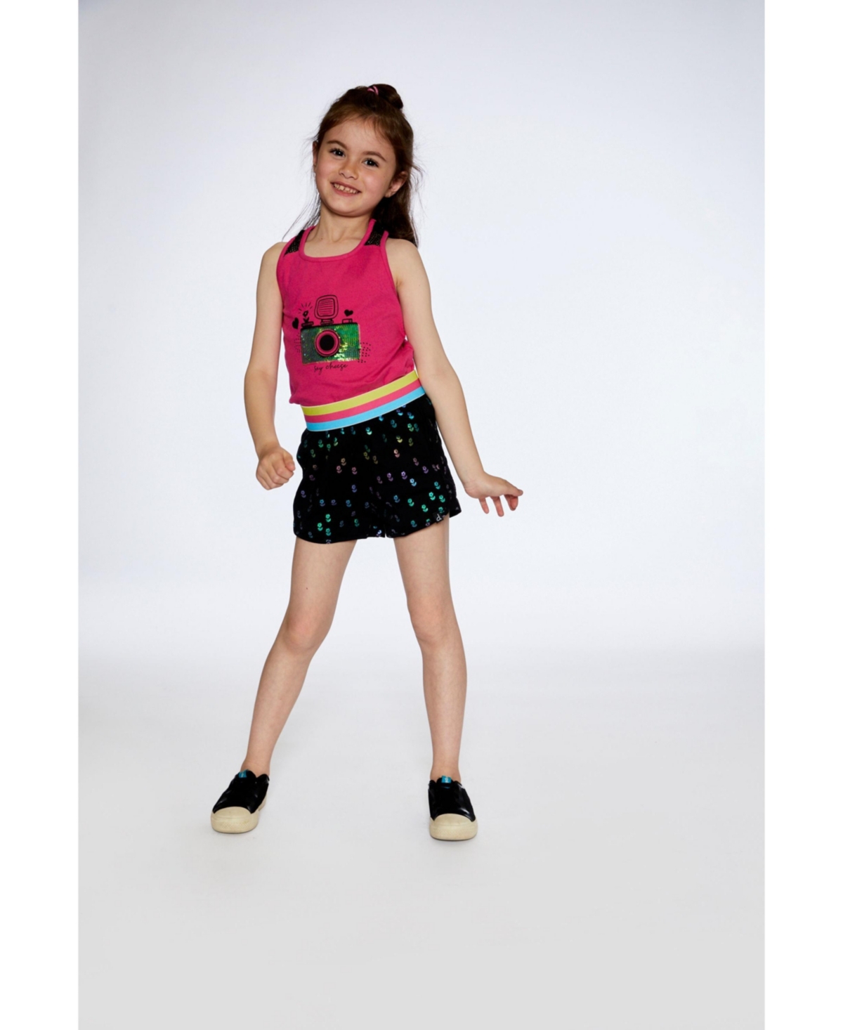 Girl Striped Waist Short Black With Colored Metallic Flower Print - Toddler Child - Black with colored metallic flower
