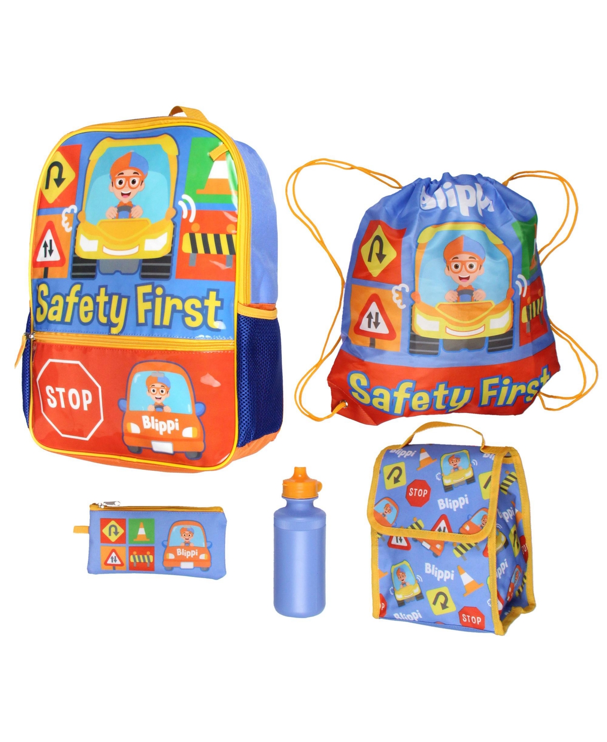 Blippi Safety First Kids School Travel Backpack 5 Pc Set With Lunch Box, Drawstring Bag, Water Bottle, and Pencil Case