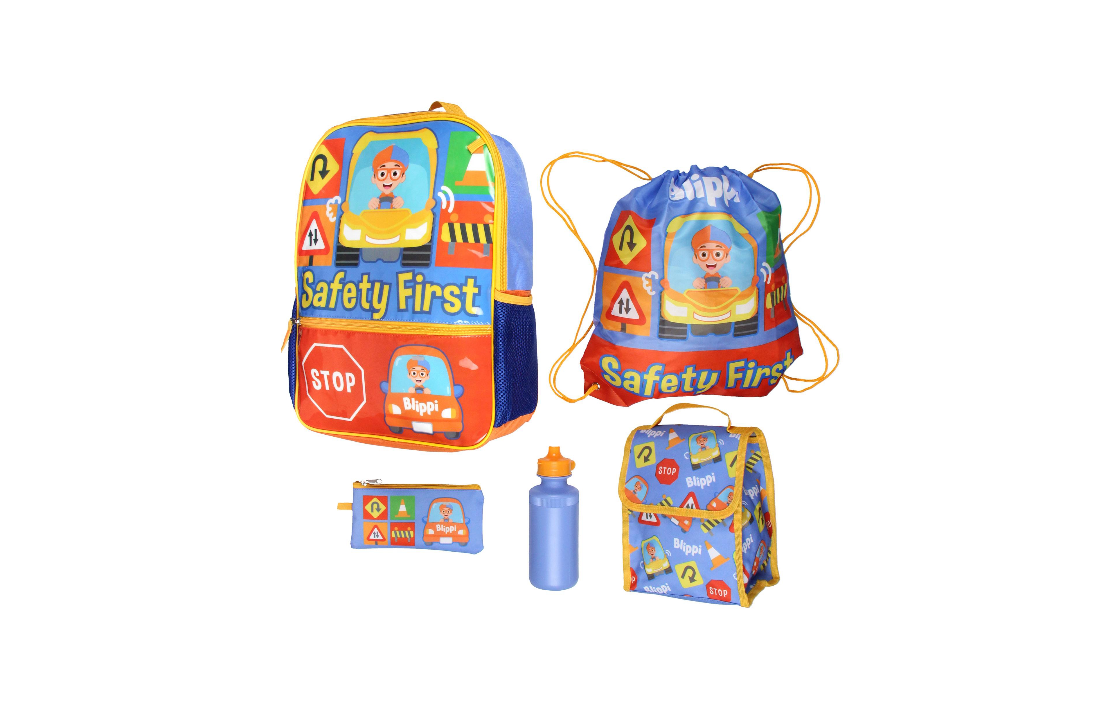 Blippi Safety First Kids School Travel Backpack 5 Pc Set With Lunch Box, Drawstring Bag, Water Bottle, and Pencil Case
