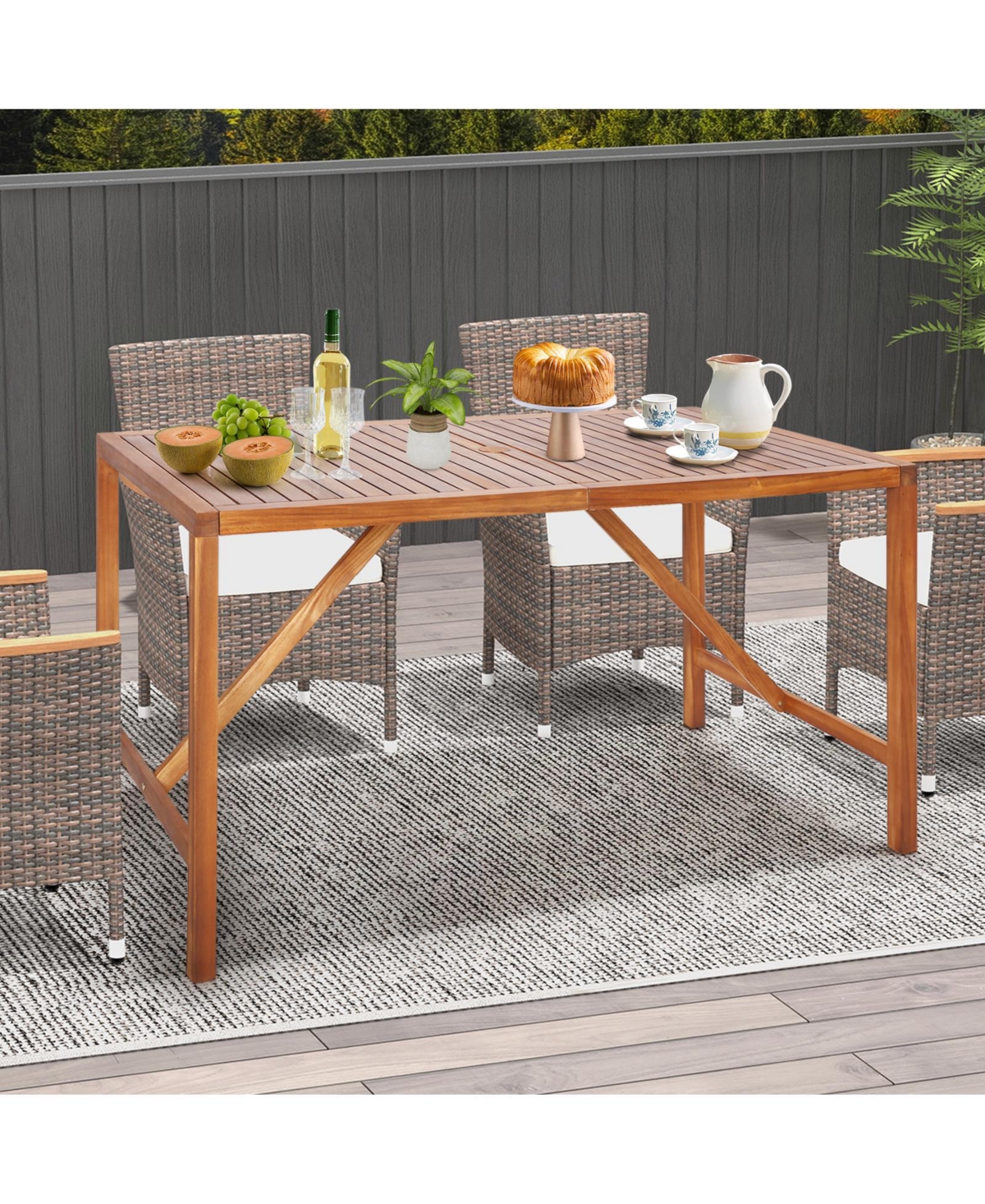Patio Rectangle Acacia Wood Dining Table with Umbrella Hole