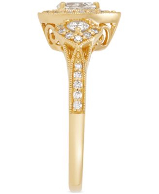 Diamond Pear-Cut Halo Three Stone Beaded Engagement Ring (3/4 ct. t.w.) in 14k  Gold
