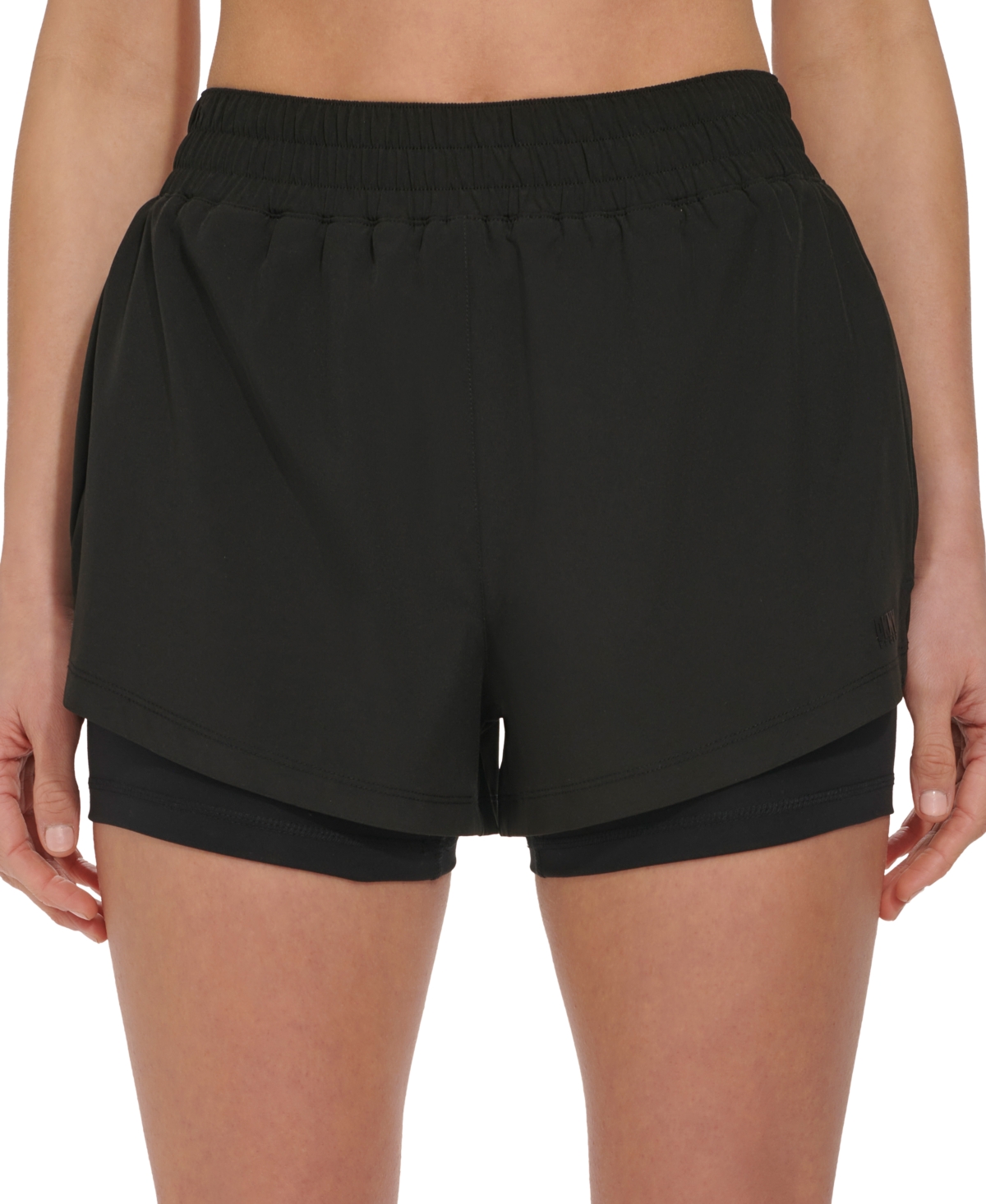 Shop Dkny Sport Women's Solid Double-layer Training Shorts In Black