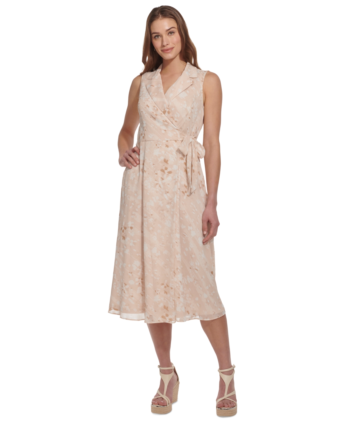 Women's Printed Chiffon Side-Tie Midi Dress - Beige Multi