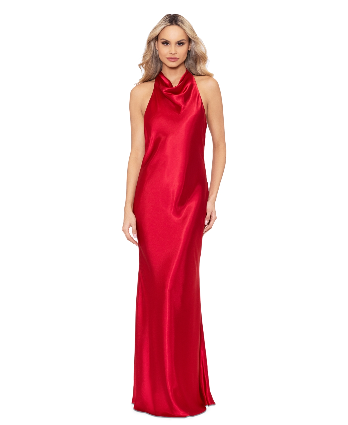 Women's Halter-Neck Sleeveless Satin Gown - Red