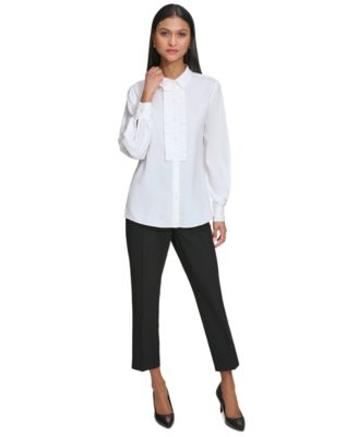 Karl Lagerfeld Women's Collared Pleat-Front Long-Sleeve Top