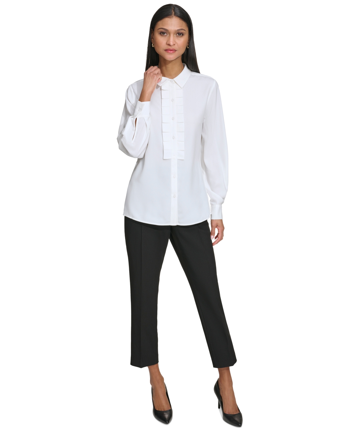 Shop Karl Lagerfeld Women's Collared Pleat-front Long-sleeve Top In Soft White